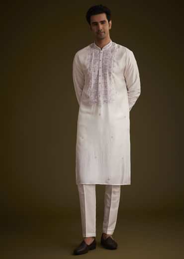 Lilac Silk Kurta Set With Mirror Embellishments