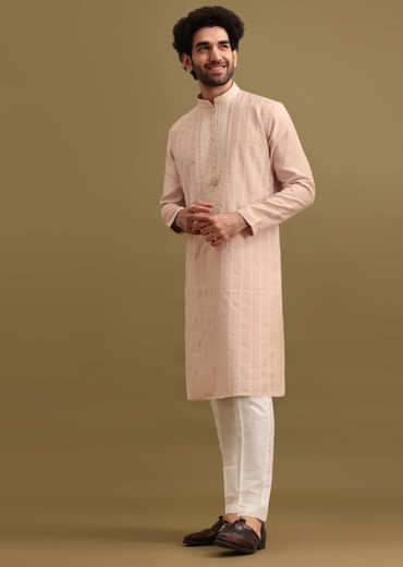 Lilac Silk Kurta Set With Resham Work For Men