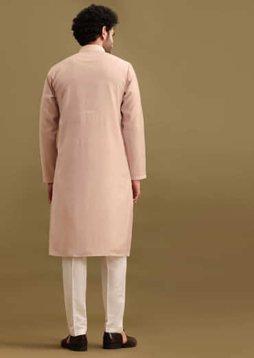 Lilac Silk Kurta Set With Resham Work For Men