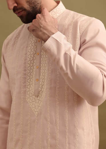 Lilac Silk Kurta Set With Resham Work For Men