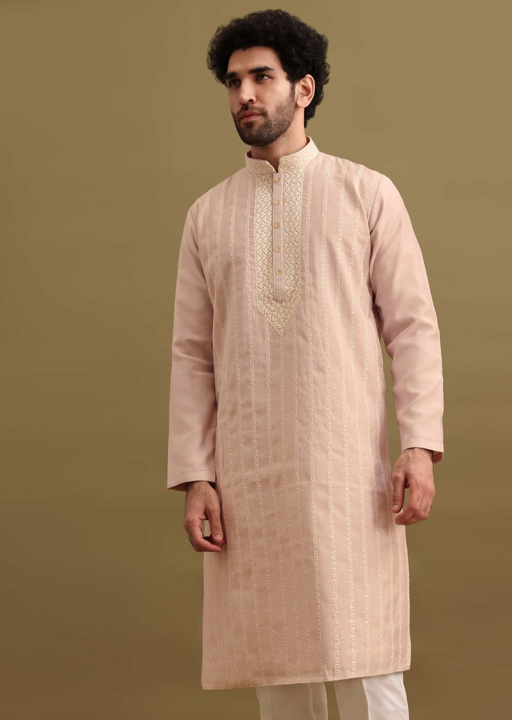 Lilac Silk Kurta Set With Resham Work For Men