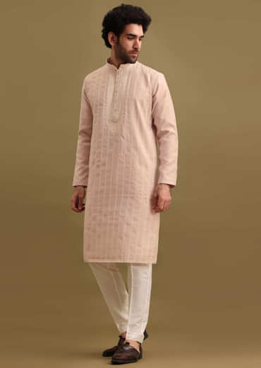 Lilac Silk Kurta Set With Resham Work For Men
