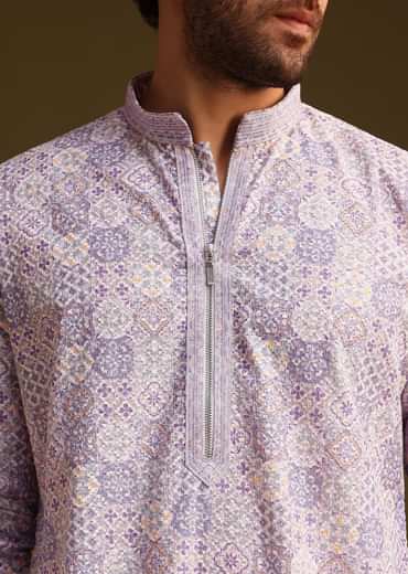 Lilac Silk Printed Kurta Set