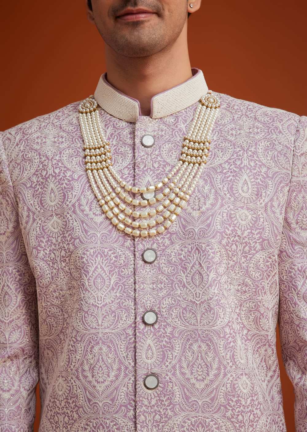 Lilac Silk Sherwani Set With Embroidery And Bead Work