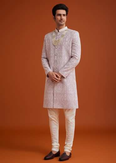 Lilac Silk Sherwani Set With Embroidery And Bead Work