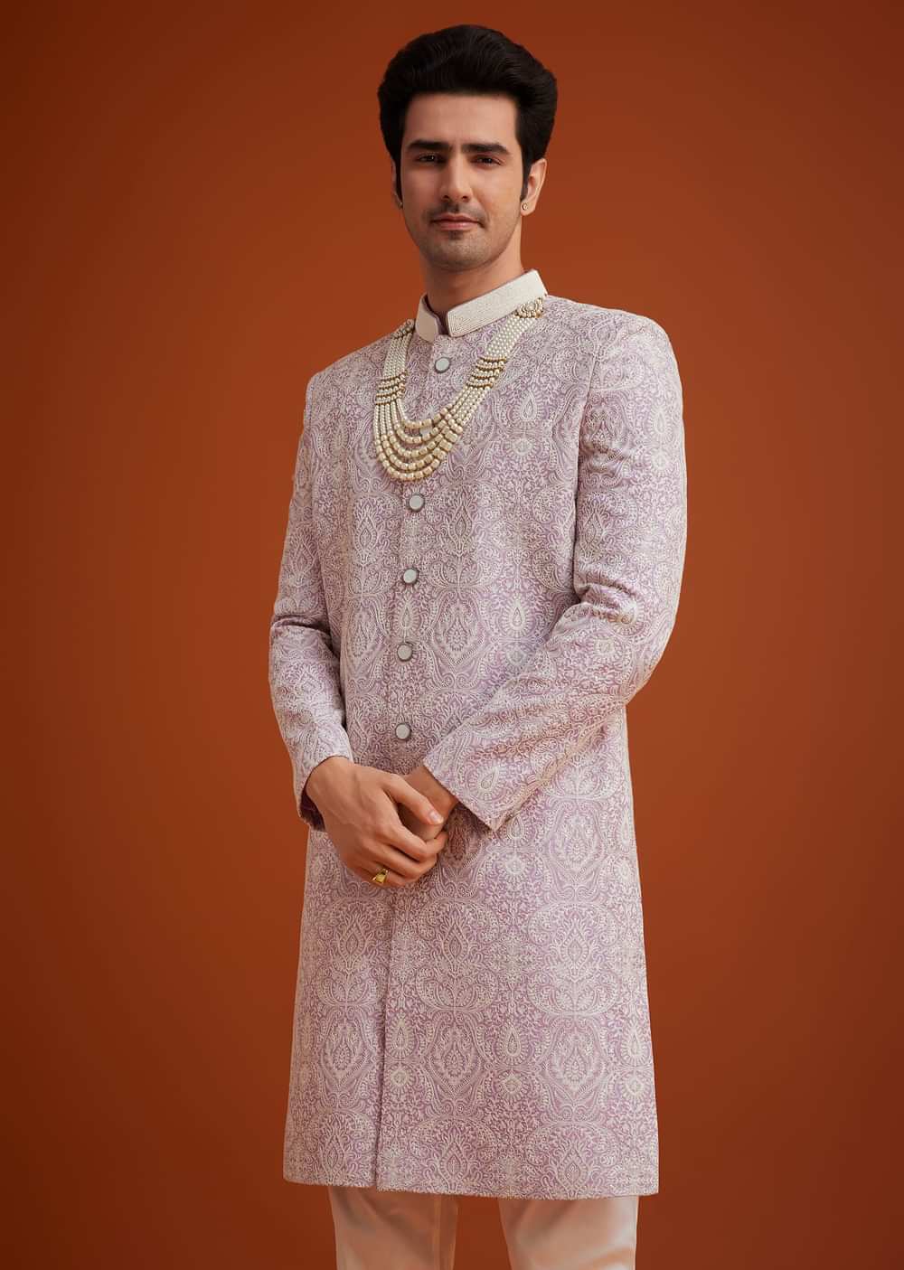 Lilac Silk Sherwani Set With Embroidery And Bead Work