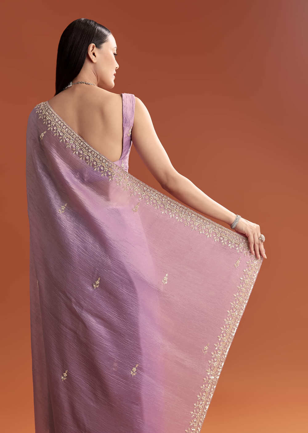 Lilac Tissue Saree With Butti And Border Embroidery