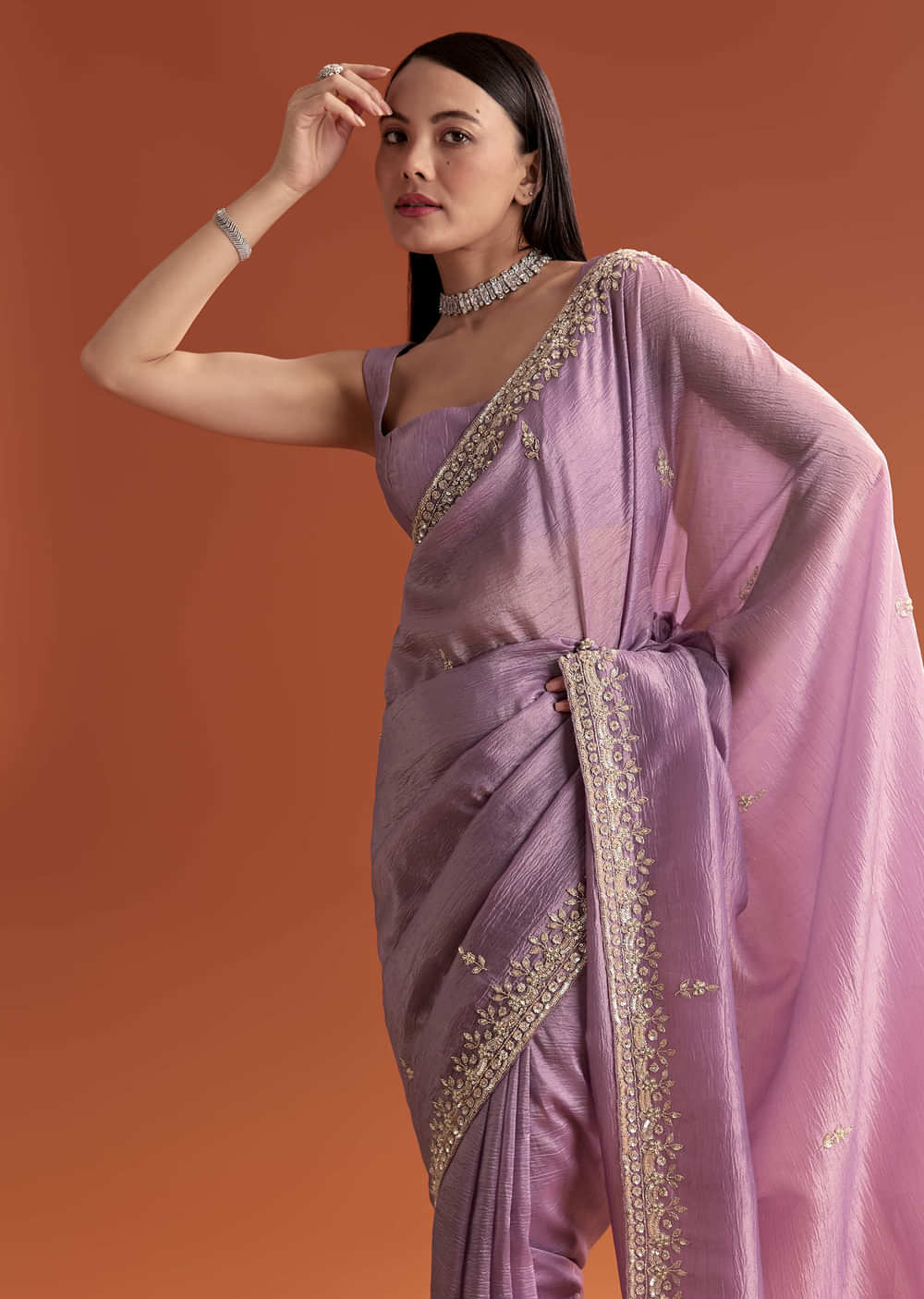 Lilac Tissue Saree With Butti And Border Embroidery
