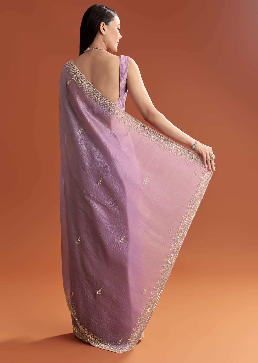 Lilac Tissue Saree With Butti And Border Embroidery