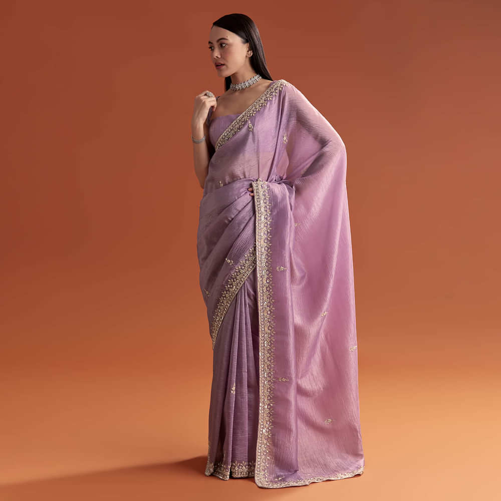 Lilac Tissue Saree With Butti And Border Embroidery