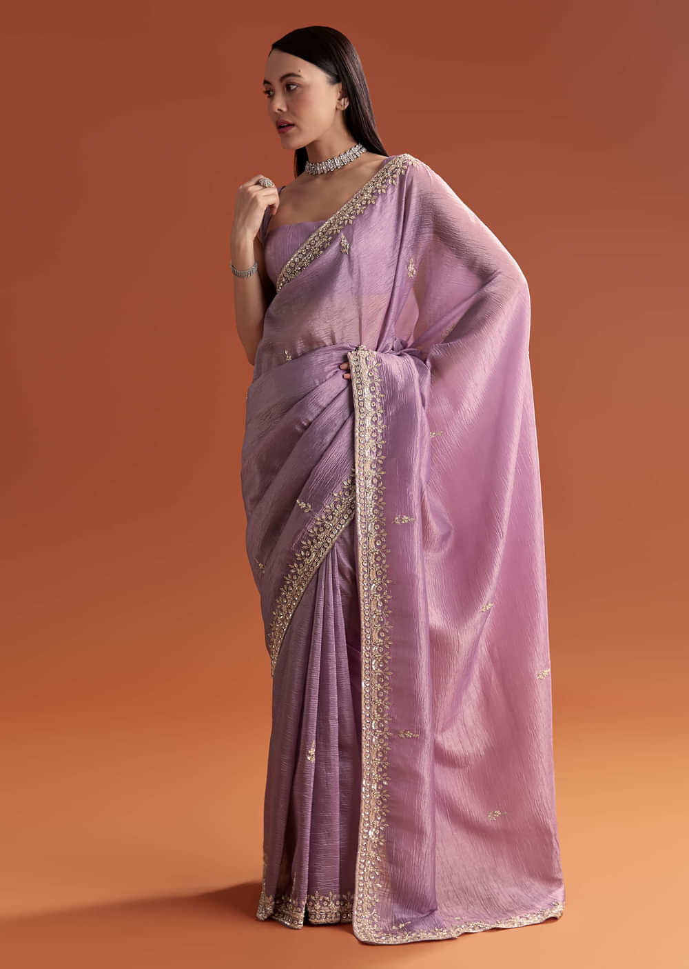 Lilac Tissue Saree With Butti And Border Embroidery