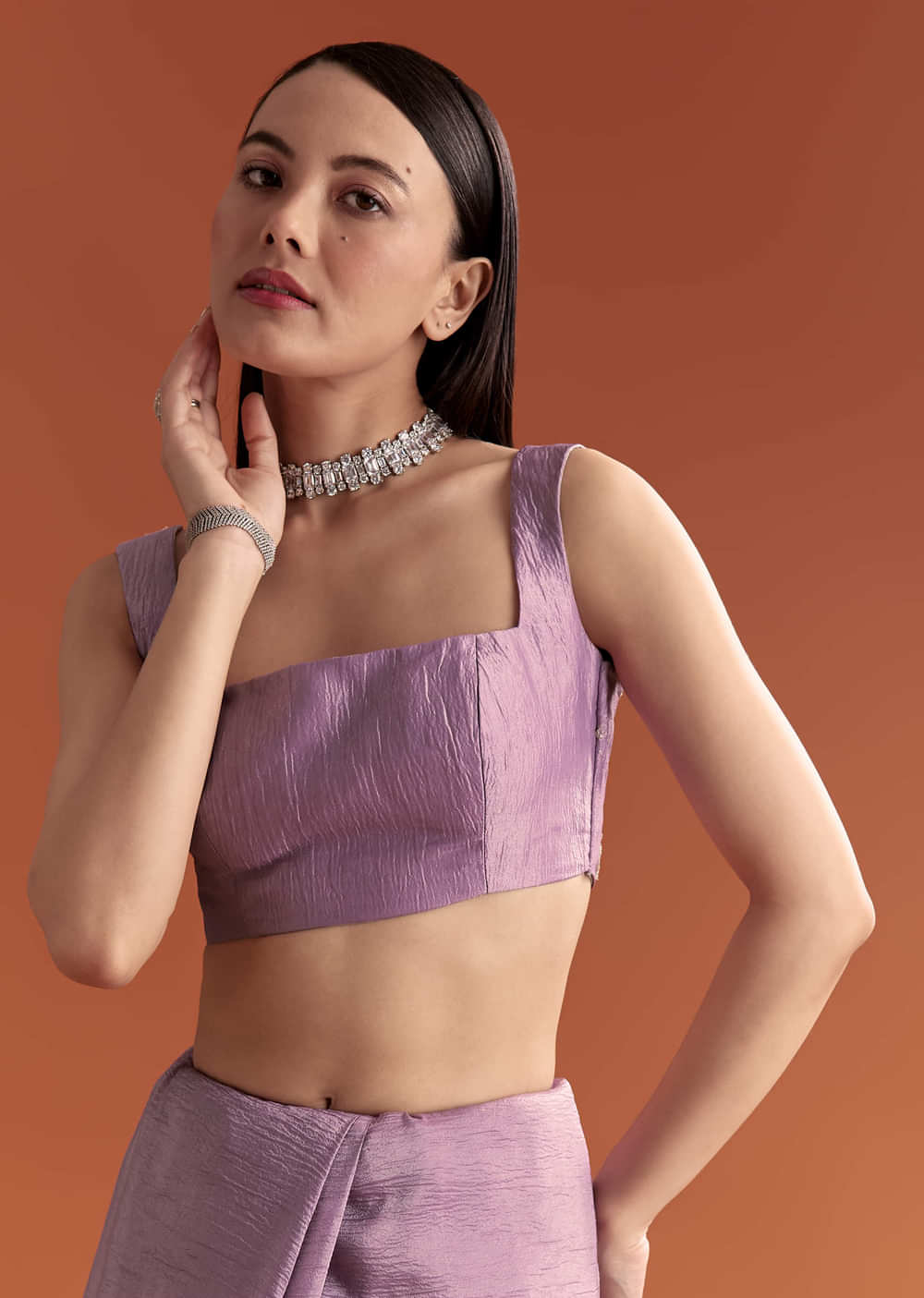 Lilac Tissue Saree With Butti And Border Embroidery