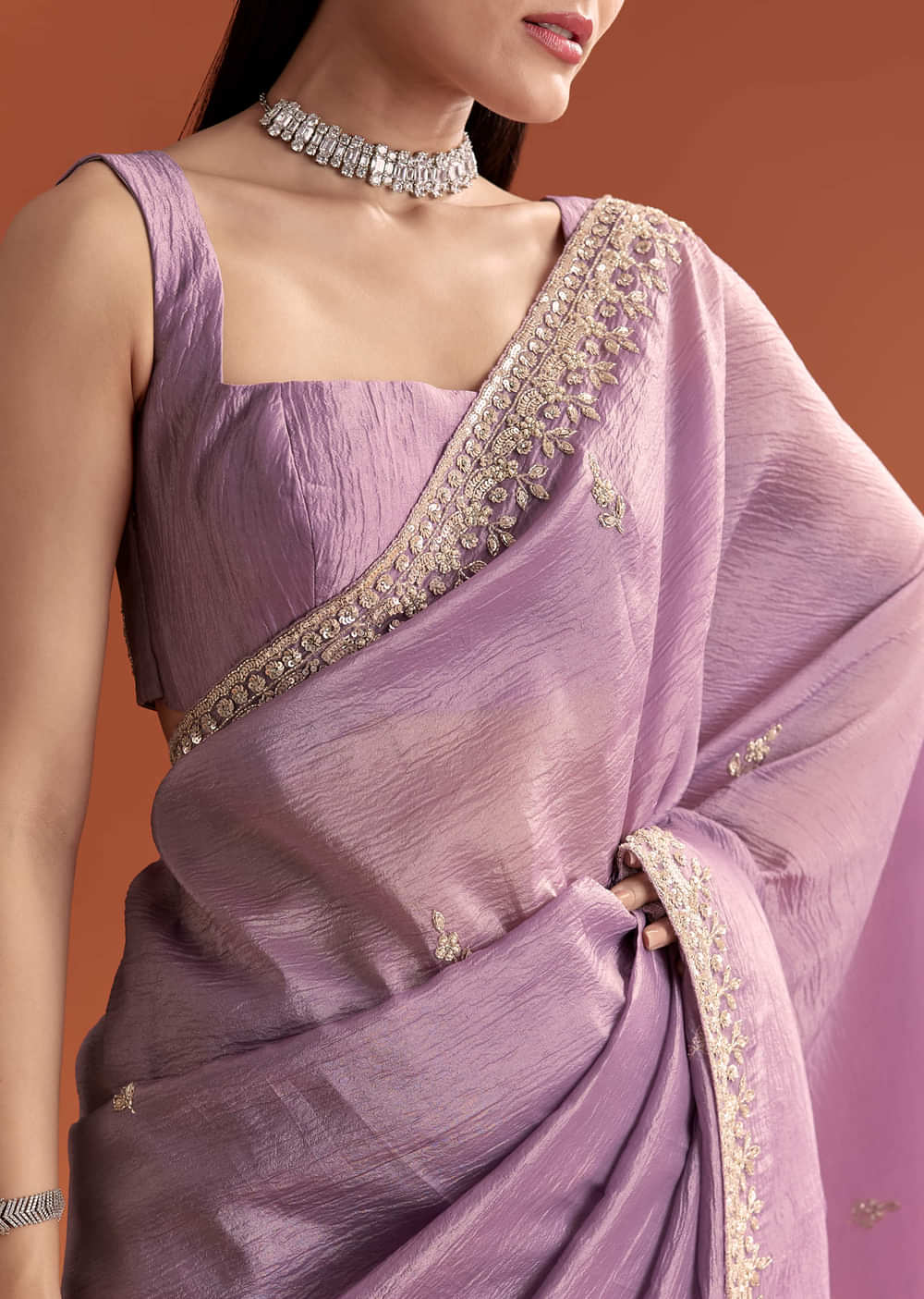 Lilac Tissue Saree With Butti And Border Embroidery