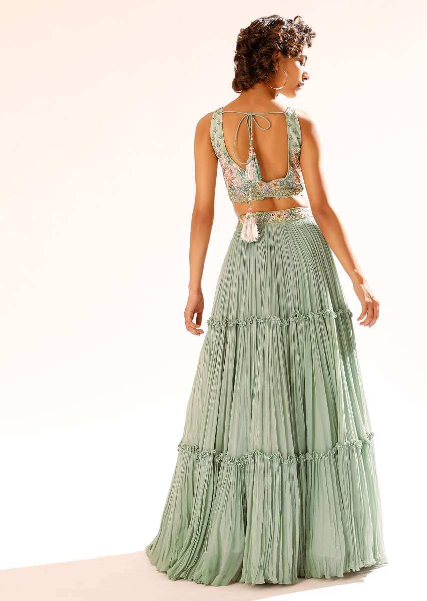 Lily Green Tiered Lehenga With Colorful Resham And Moti Embroidery In Floral Motifs