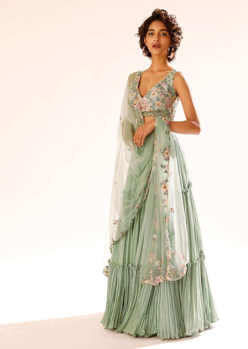 Lily Green Tiered Lehenga With Colorful Resham And Moti Embroidery In Floral Motifs