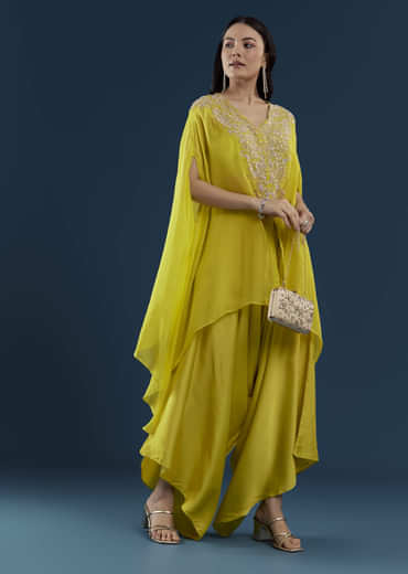 Lime Green Cape Top and Dhoti Set with Zardozi Work