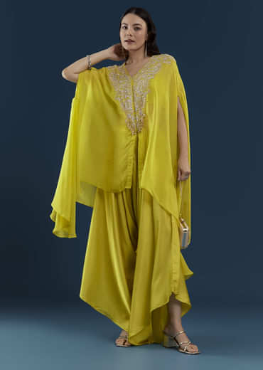 Lime Green Cape Top and Dhoti Set with Zardozi Work
