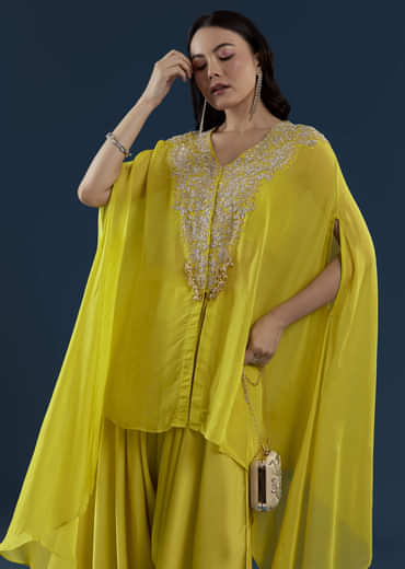 Lime Green Cape Top and Dhoti Set with Zardozi Work