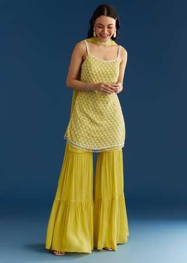 Lime Green Chinon Kurta Sharara Set With Choker Dupatta