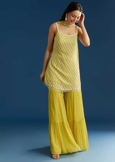 Lime Green Chinon Kurta Sharara Set With Choker Dupatta