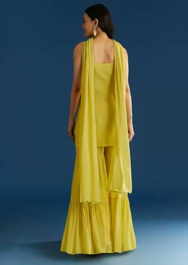 Lime Green Chinon Kurta Sharara Set With Choker Dupatta