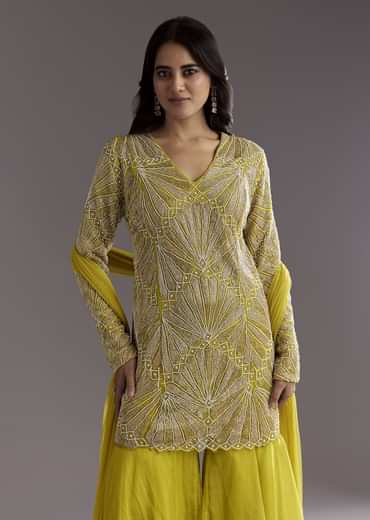 Lime Green Cutdana And Moti Work Kurta With Organza Sharara