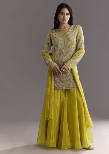 Lime Green Cutdana And Moti Work Kurta With Organza Sharara