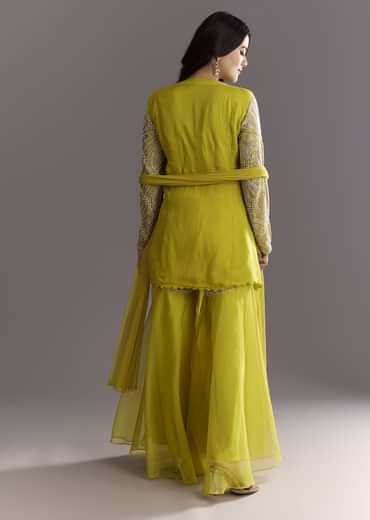 Lime Green Cutdana And Moti Work Kurta With Organza Sharara