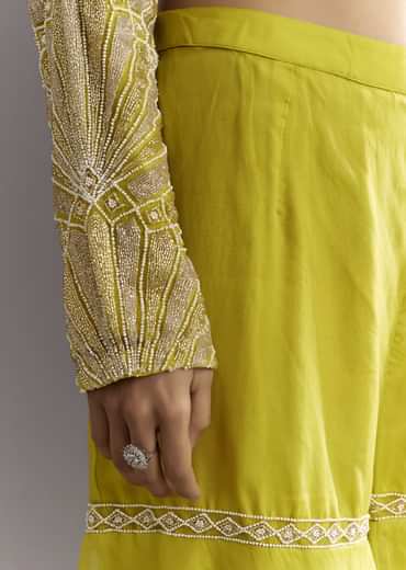 Lime Green Cutdana And Moti Work Kurta With Organza Sharara