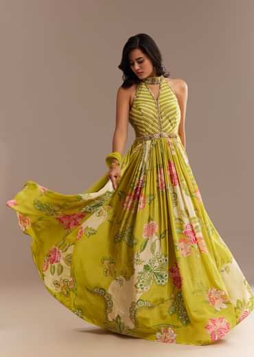 Lime Green Floral Printed Gown Set
