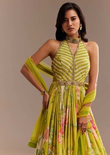 Lime Green Floral Printed Gown Set