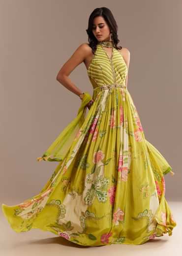 Lime Green Floral Printed Gown Set