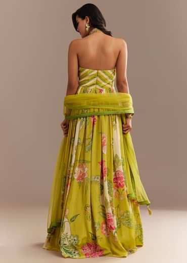 Lime Green Floral Printed Gown Set