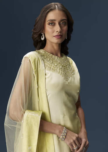 Lime Green Palazzo Suit With Embroidered Necklace