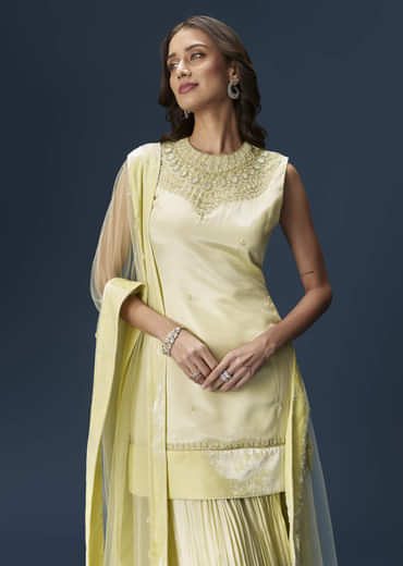 Lime Green Palazzo Suit With Embroidered Necklace