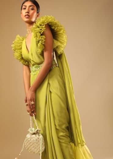 Lime Green Saree In Crepe With Elaborate Ruffle Sleeved Crop Top And Heavy Stone Embroidered Belt