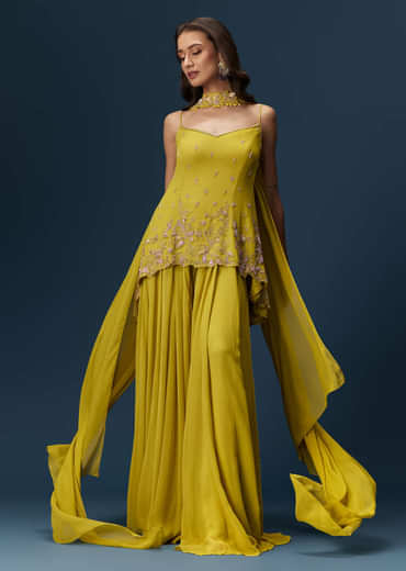 Lime Green Sharara Set With Tassel Dupatta