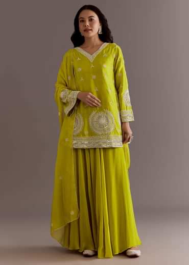 Lime Green Short Kurta Palazzo Suit With Moti Embellished Dupatta
