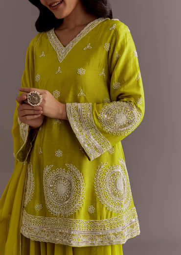 Lime Green Short Kurta Palazzo Suit With Moti Embellished Dupatta