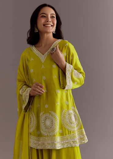 Lime Green Short Kurta Palazzo Suit With Moti Embellished Dupatta