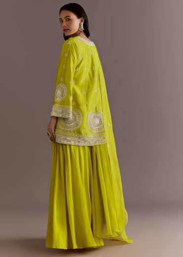 Lime Green Short Kurta Palazzo Suit With Moti Embellished Dupatta