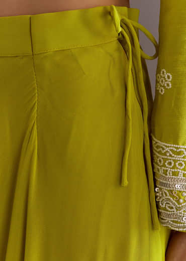 Lime Green Short Kurta Palazzo Suit With Moti Embellished Dupatta