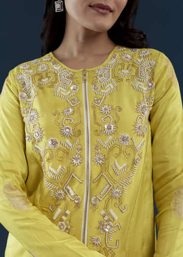 Lime Green Silk Crop Top and Pant Set with Moti Work