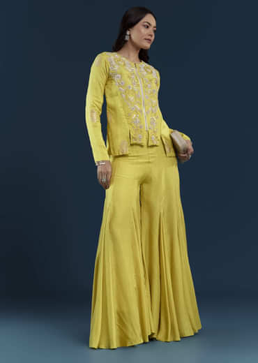 Lime Green Silk Crop Top and Pant Set with Moti Work