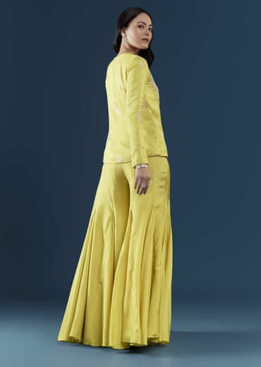 Lime Green Silk Crop Top and Pant Set with Moti Work