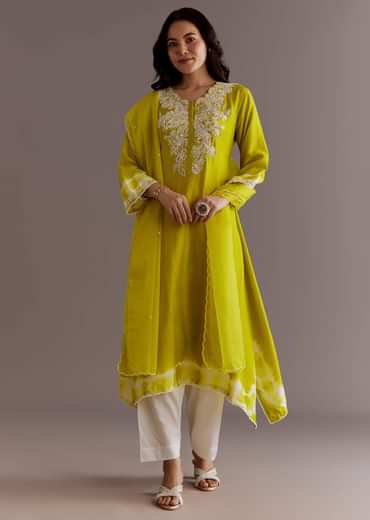 Lime Green Silk Kurta Dupatta Set With Moti Work