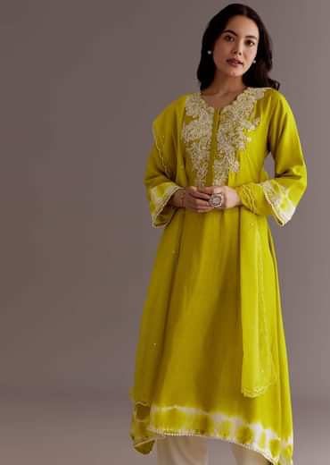 Lime Green Silk Kurta Dupatta Set With Moti Work