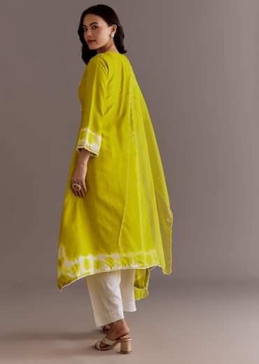 Lime Green Silk Kurta Dupatta Set With Moti Work
