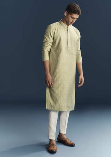 Lime Green Silk Kurta Set For Men