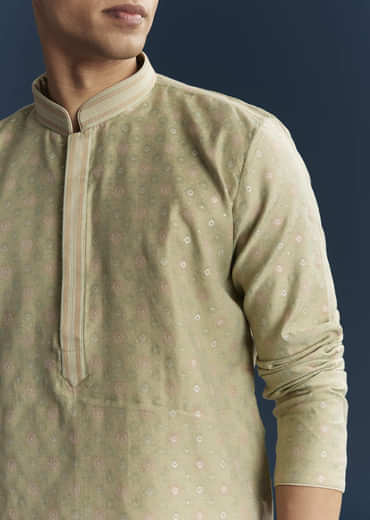 Lime Green Silk Kurta Set For Men